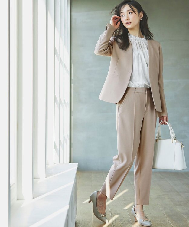 ANY SIS 【洗える】シャーリングフリルスタンド ブラウス グレーストライプ