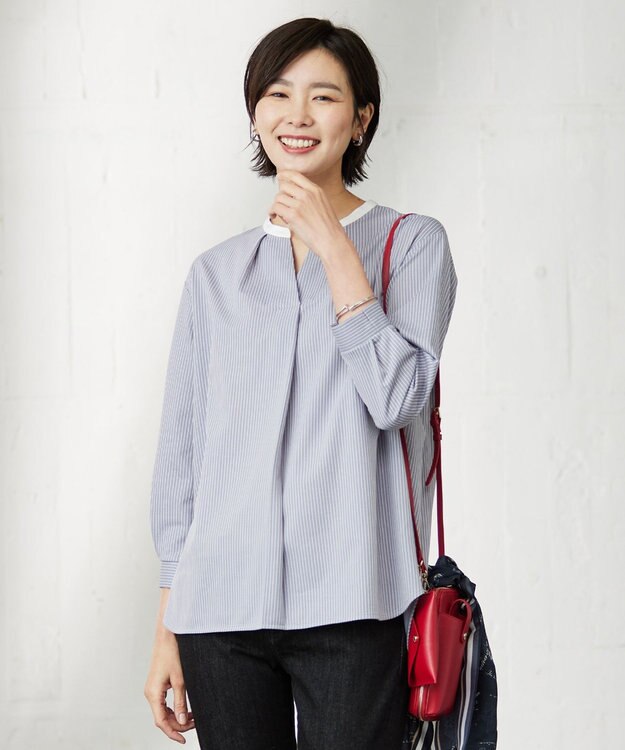 J.PRESS LADIES L ピンストライプジャージー バンドカラー スキッパー カットソー ライトグレー系1