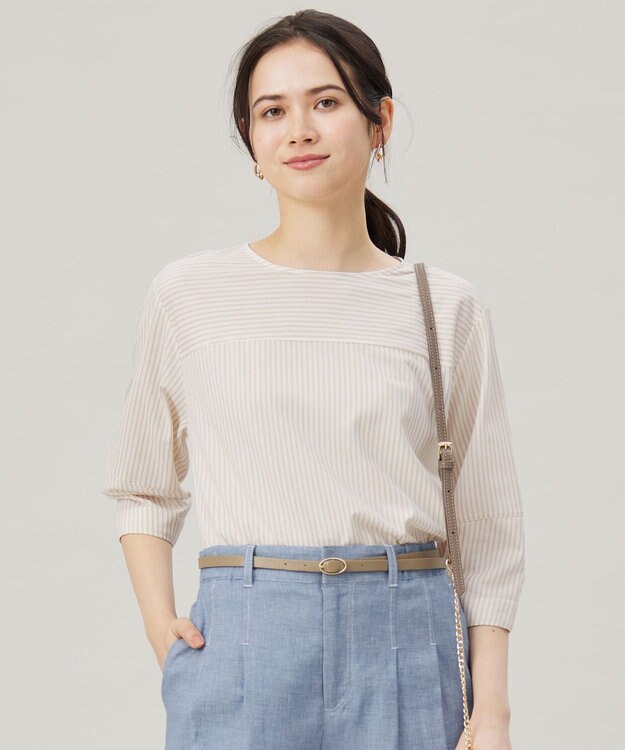 自由区 L 【接触冷感・UVカット・洗える】ストライプコットンハイゲージフォルムスリーブ カットソー オフ×シナモン