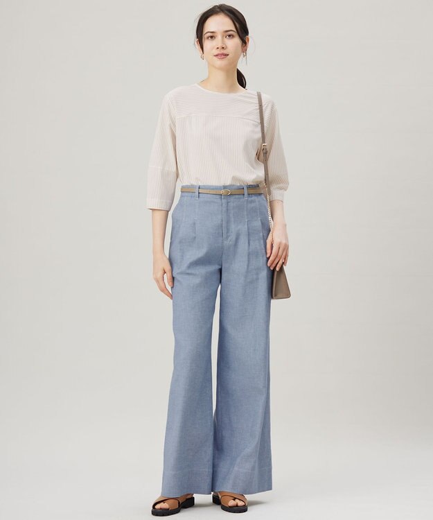 自由区 L 【接触冷感・UVカット・洗える】ストライプコットンハイゲージフォルムスリーブ カットソー オフ×シナモン