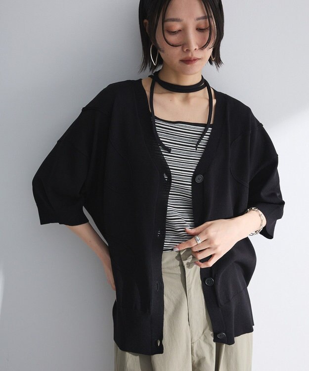 Green Parks 刺繍コードＶネックフレンチカーディガン Black