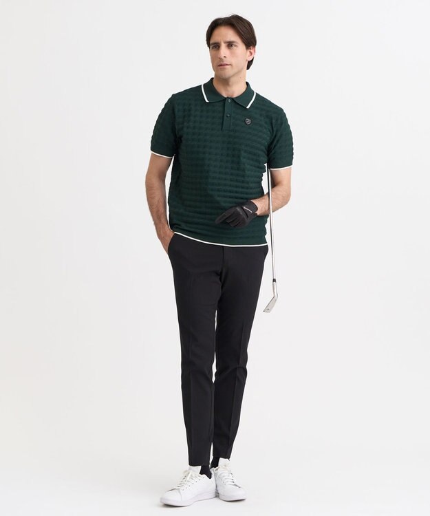 23区GOLF 【MEN】フラッグジャガードニットポロシャツ ストレッチ 半袖 ダークグリーン系
