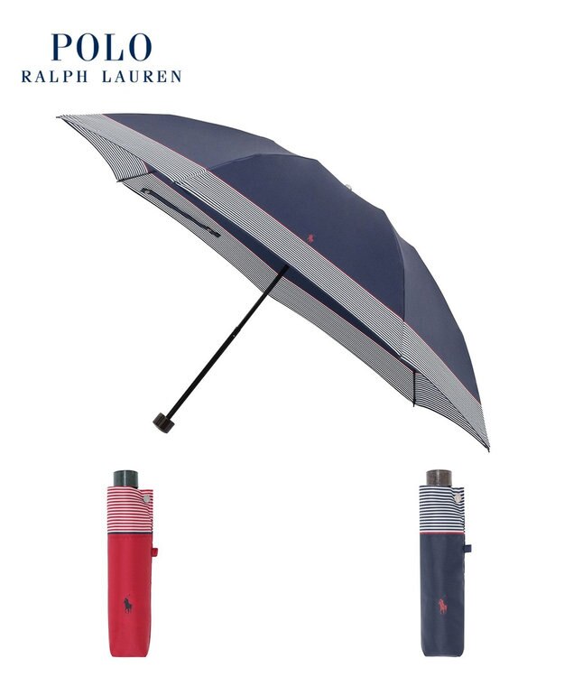 MOONBAT 【WEB限定】POLO RALPH LAUREN)（ポロ ラルフローレン）ワンポイントポロポニー×裾ボーダー 折りたたみ傘 ネイビーブルー
