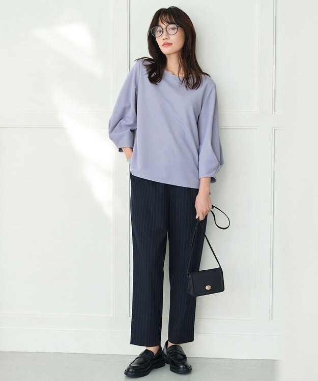 ANY コンフォータブル袖タックブラウス ライトブルー