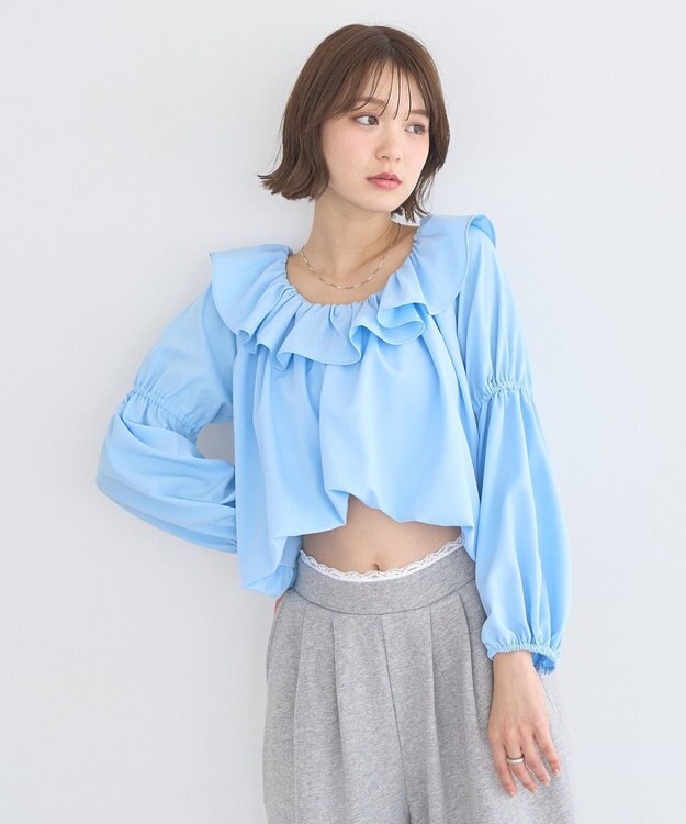 earth music&ecology 2wayオフショルバルーンヘムフリルブラウス Blue