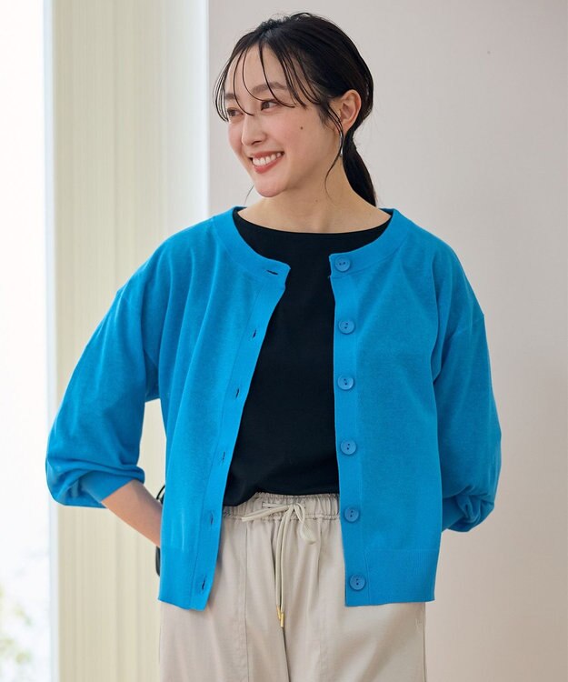 ANY L 【洗濯機可/アンチピリング/接触冷感】シアークルーネックカーディガン ターコイズ