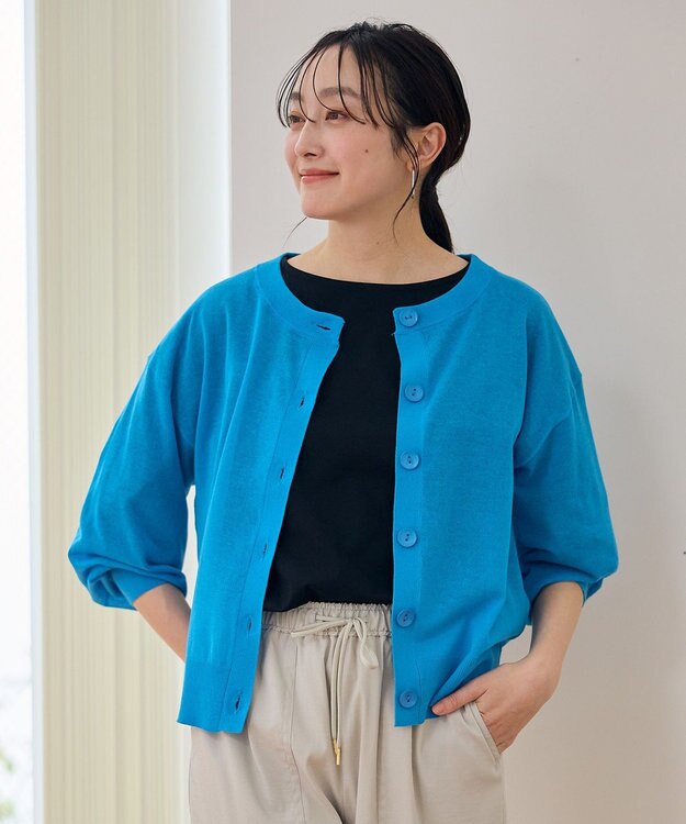 ANY L 【洗濯機可/アンチピリング/接触冷感】シアークルーネックカーディガン ターコイズ