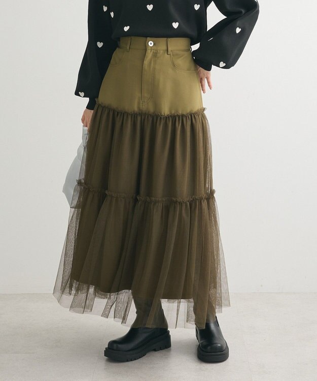 Green Parks ・ELENCARE DUE ハイブリットティアードスカート Khaki