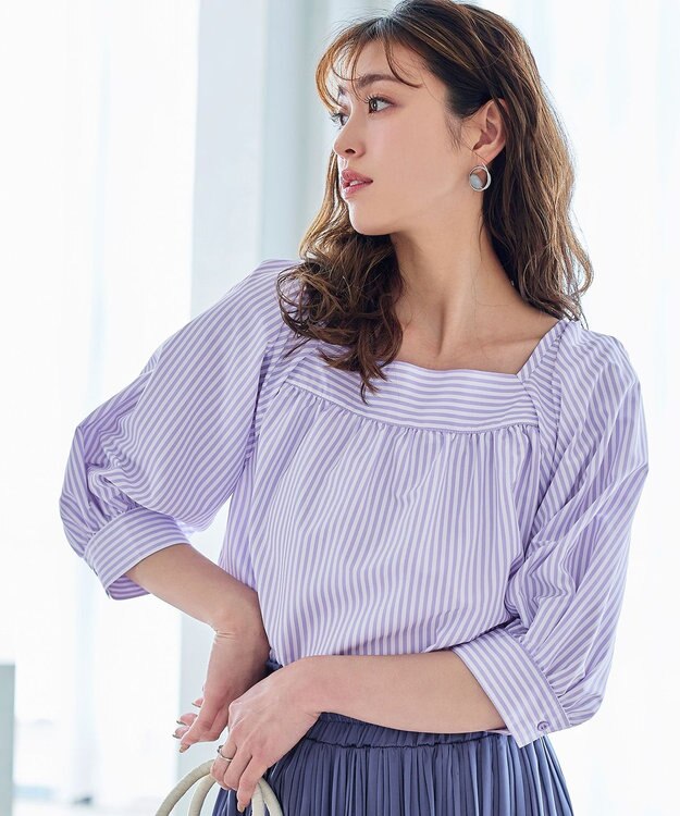 Tiaclasse L 【洗える】ストライプパフスリーブブラウス ラベンダー