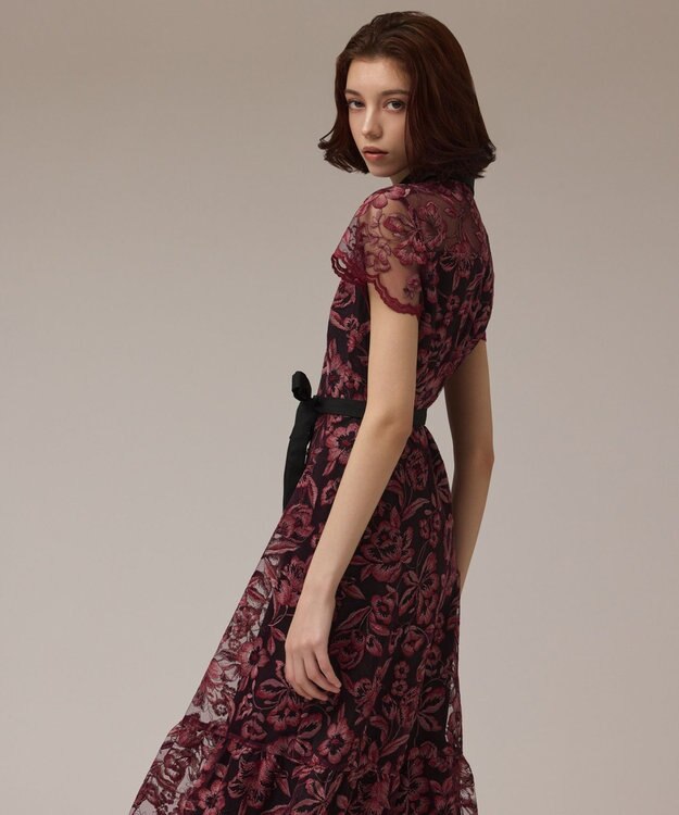GRACE CONTINENTAL チュールフラワー刺繍ワンピース ボルドー