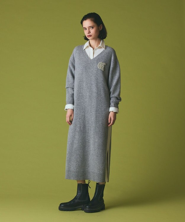 GRACE CONTINENTAL ライン配色ニットワンピース グレー