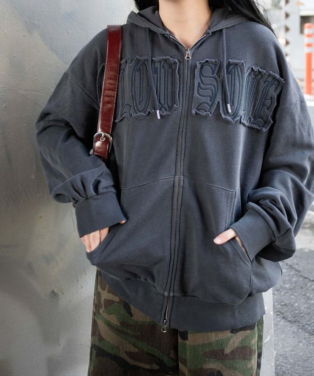 WEGO ヴィンテージウォッシュパッチワークBIGZIPパーカー ネイビー