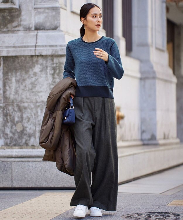 自由区 【WEB限定・マルチウェイ・洗える】ヘリンボーン柄リバーシブルニット セットアップ ネイビー×ブルー柄