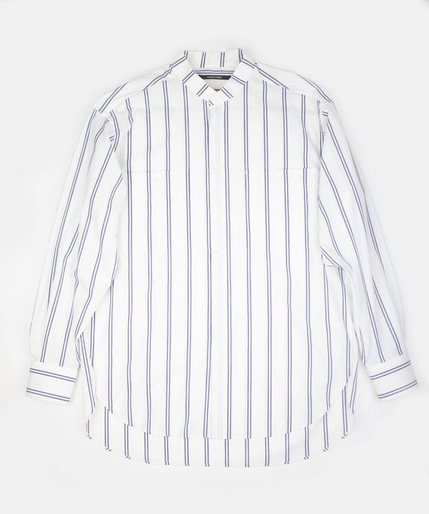 KASHIYAMA GIZA 100/2 バンドカラーシャツ ネイビーレールストライプ