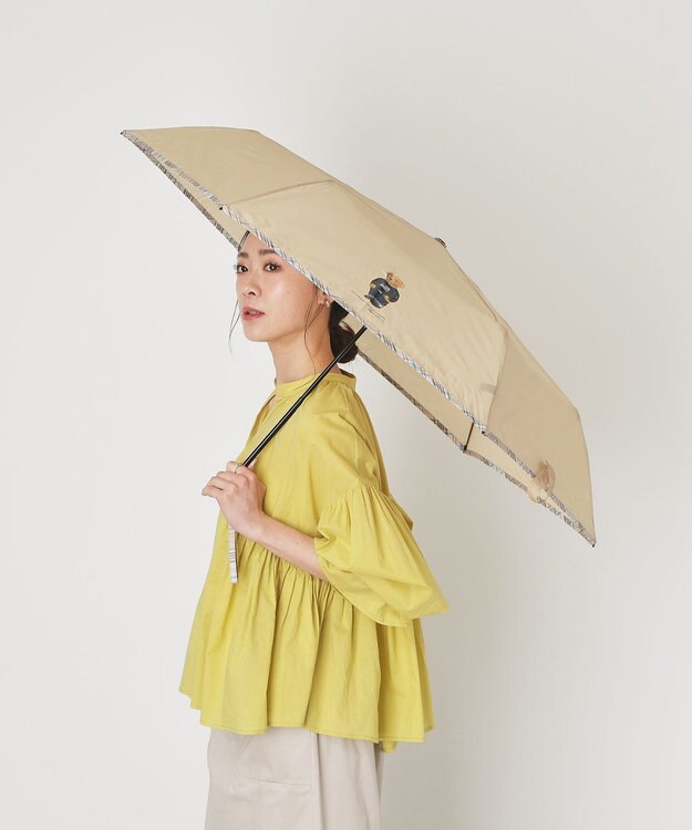 MOONBAT 【WEB限定/軽量】POLO RALPH LAUREN（ポロ ラルフローレン） 折りたたみ傘 ポロベア×チェックパイピング 無地 FLAG BEAR ベージュ