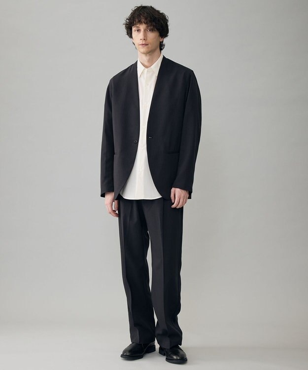 UNFILO MENS ウーリーノ ノーカラージャケット ブラックピンストライプ