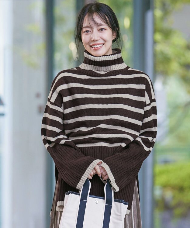 Tiaclasse 【洗える】ハイネックボーダープルオーバー ブラウン