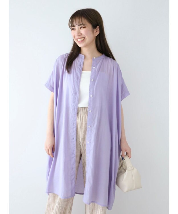 Green Parks インド綿　パイピングバンドカラーシャツチュニック Purple