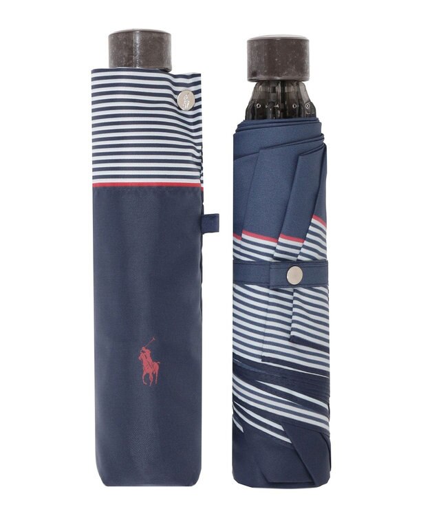 MOONBAT 【WEB限定】POLO RALPH LAUREN)（ポロ ラルフローレン）ワンポイントポロポニー×裾ボーダー 折りたたみ傘 ネイビーブルー