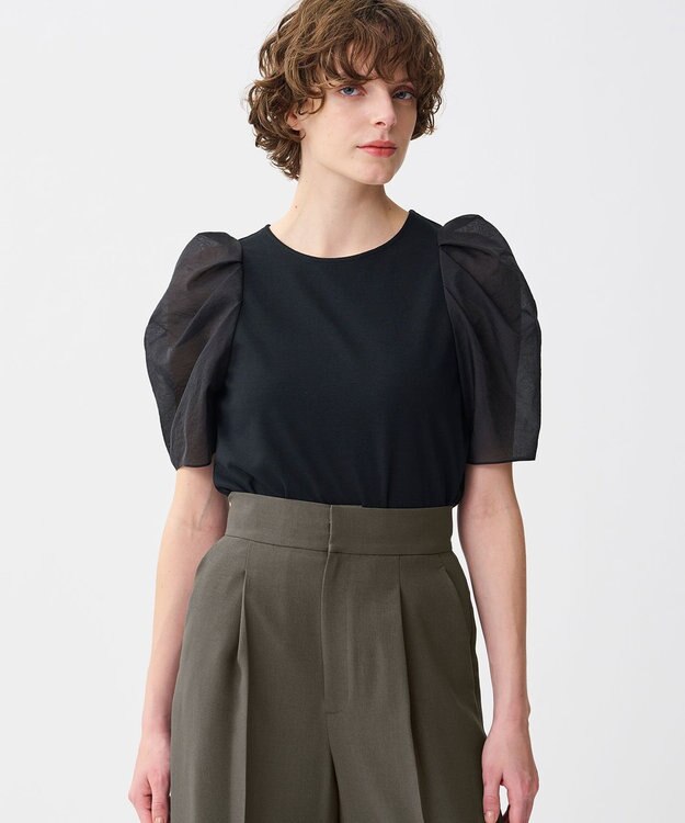 uncrave ダブルフェイスジャージー オーガンジーコンビトップス ブラック