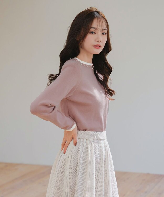Tiaclasse L 【洗える】襟パール配色ニットトップス ピンク