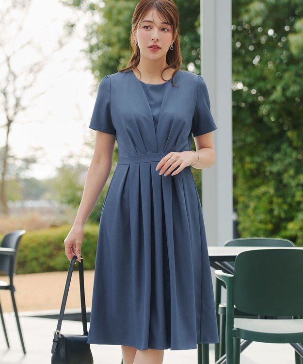 Tiaclasse 【おのののかさん着用】半袖&長袖選べる袖丈・タックフレアワンピース 半袖ブルー