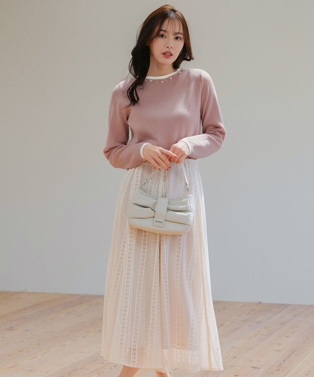 Tiaclasse L 【洗える】襟パール配色ニットトップス ピンク