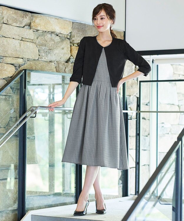 Tiaclasse 【洗える】ツイードタックワンピース オフホワイト