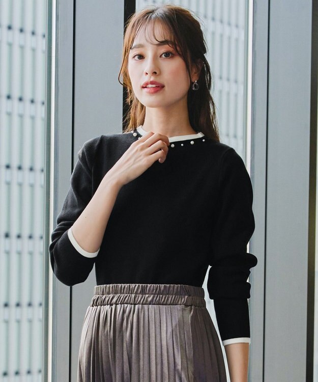 Tiaclasse L 【洗える】襟パール配色ニットトップス ブラック