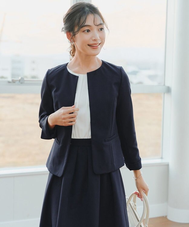 Tiaclasse L 【ダブルクロス・洗える】ノーカラージャケット ネイビー