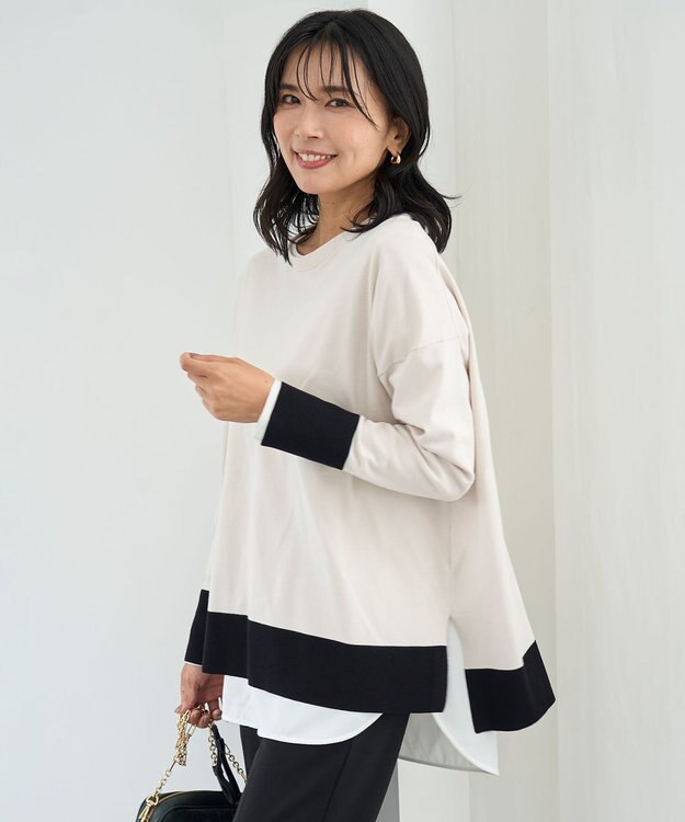 UNFILO L マイビューティニット ワイドクルーネック グレージュブロック