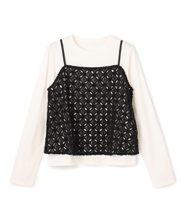 UNFILO 【2点セット】ラッセルレース キャミレイヤード Tシャツ ブラック