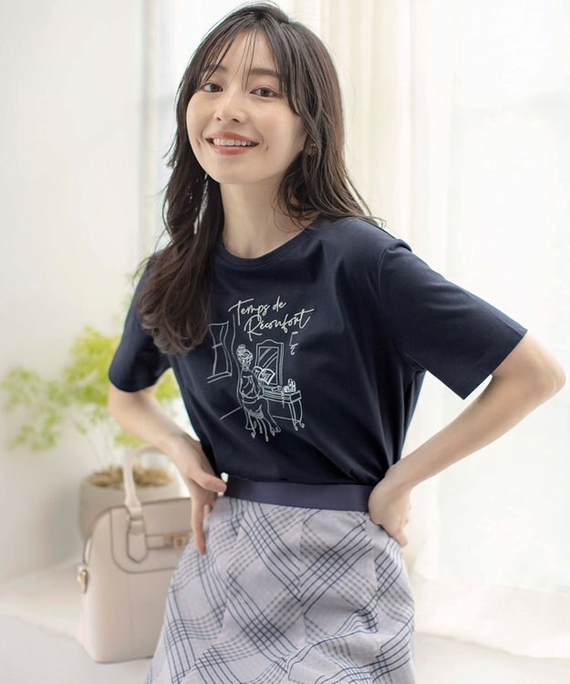 ANY SIS L 線画×刺繍ロゴ Tシャツ ネイビー×サロン