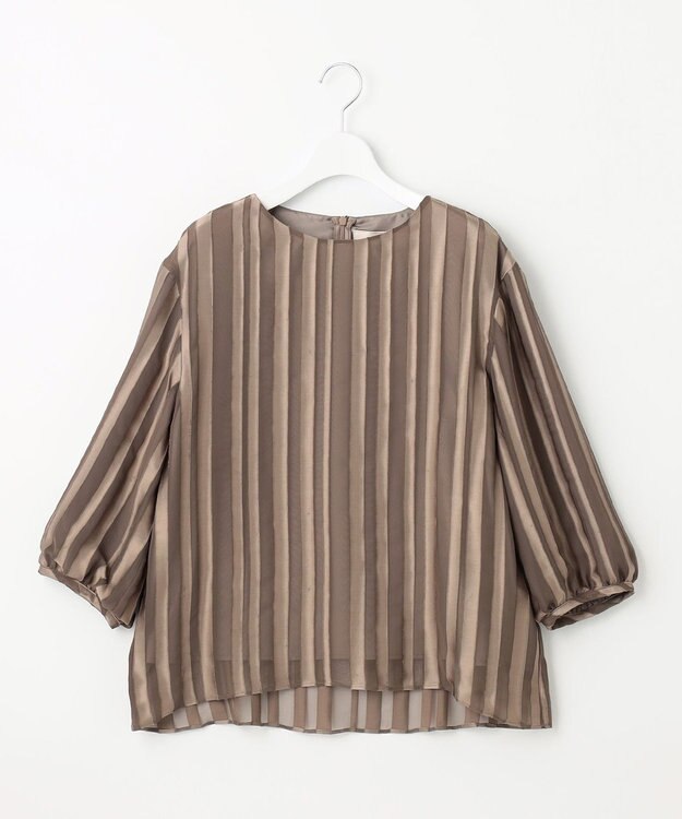 自由区 【XSサイズ～/洗える/セット可】オパールストライプ ブラウス キャメル系