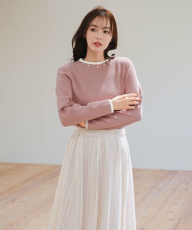 Tiaclasse L 【洗える】襟パール配色ニットトップス ピンク