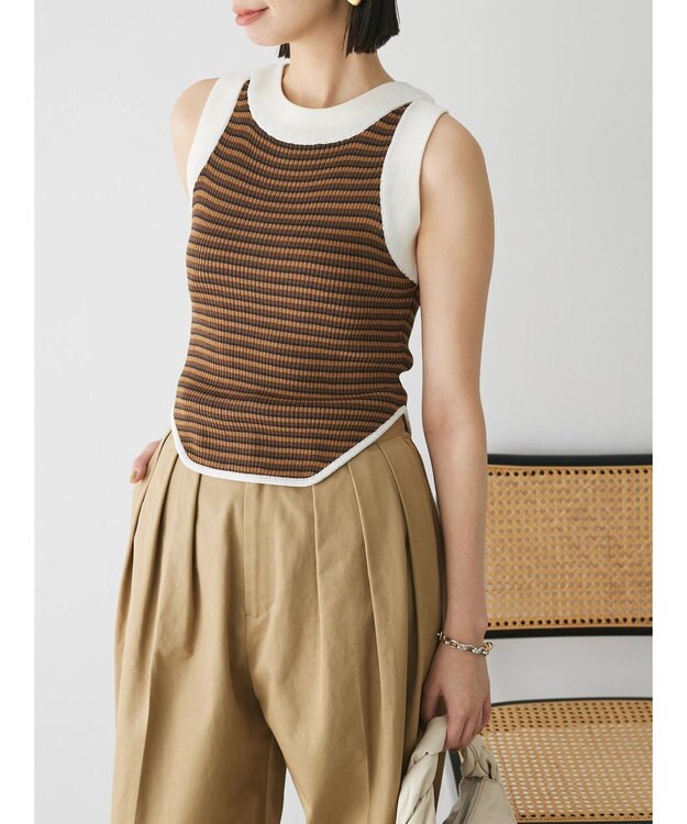 Green Parks デザインヘム配色ニットタンクトップ Brown