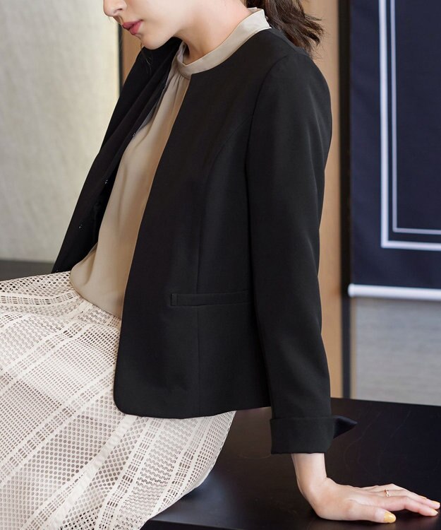 Tiaclasse L 【ダブルクロス・洗える】ノーカラージャケット ブラック