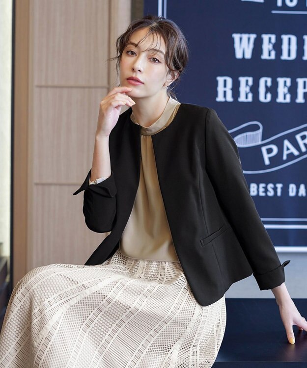 Tiaclasse L 【ダブルクロス・洗える】ノーカラージャケット ブラック