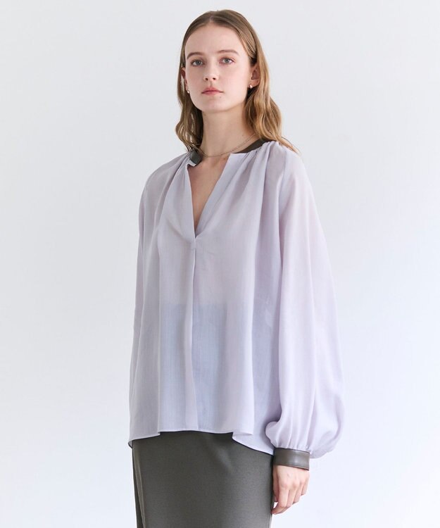BEIGE， PAULINE / リネンヴィスコースフェイクレザー配色ブラウス Lilac