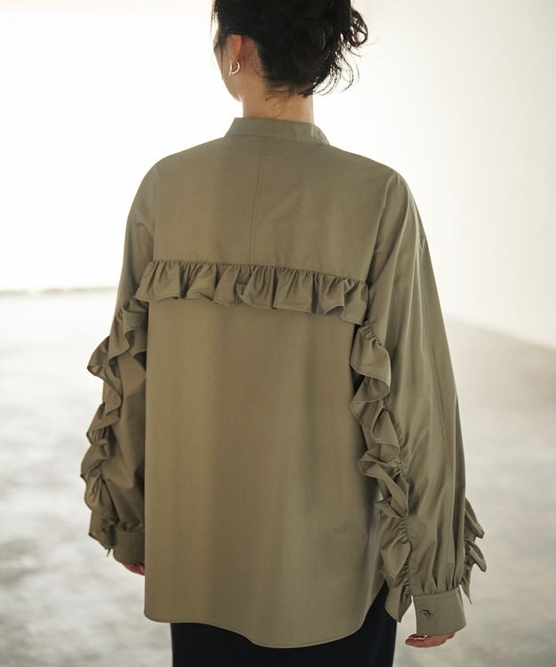 #Newans 【シワになりにくい/洗濯機可能】ラウンドフリルバンドカラーシャツ グレー