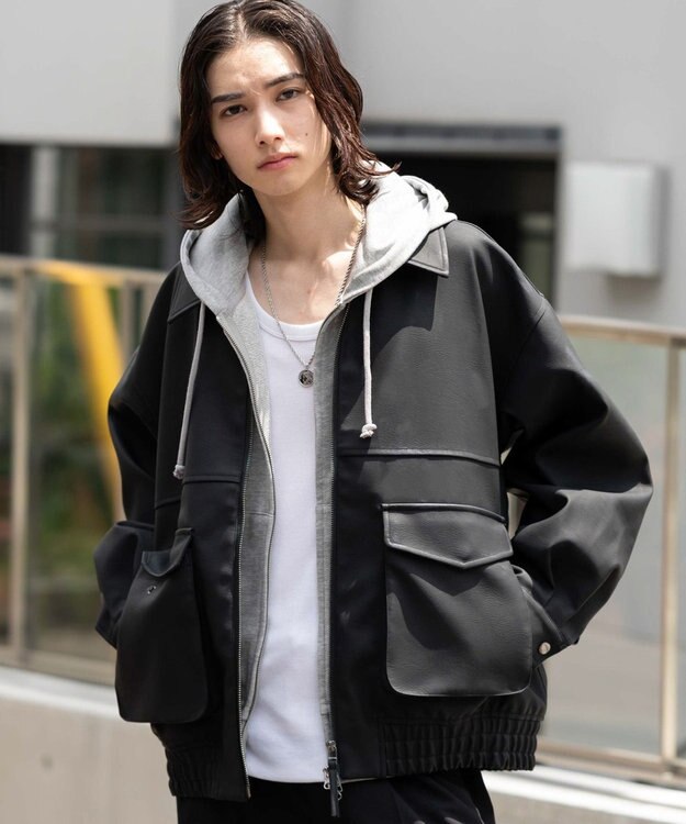 WEGO 【25年秋冬新作/ユニセックス着用ITEM/SMLサイズ展開】PUダブルZIPフライトブルゾン ブラック