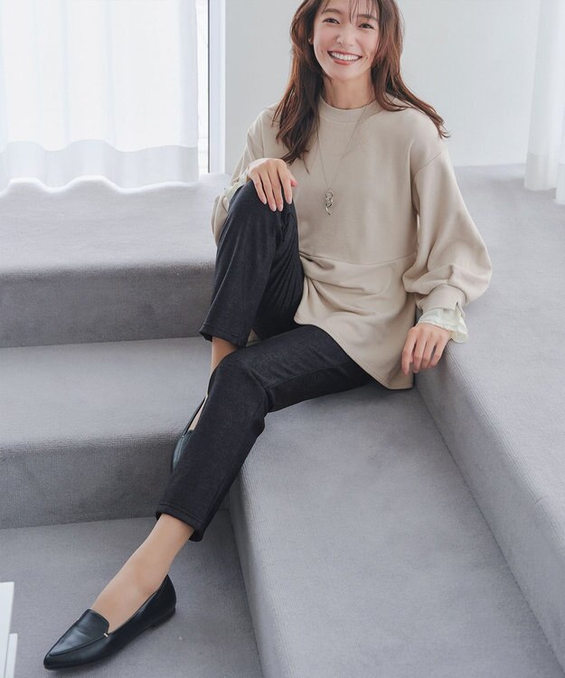 Tiaclasse L 【日本製】メランジプリント裏起毛スリムパンツ ブラック