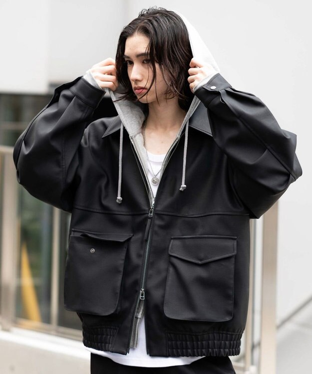 WEGO 【25年秋冬新作/ユニセックス着用ITEM/SMLサイズ展開】PUダブルZIPフライトブルゾン ブラック