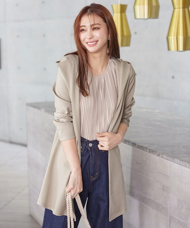 Tiaclasse L 【洗える】ポンチフードカーディガン グレージュ