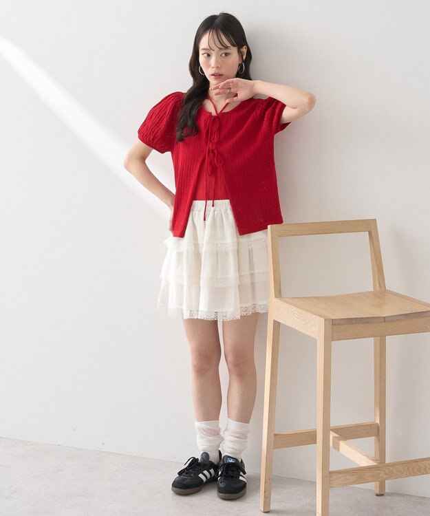 earth music&ecology 透かし編みフロントリボンカーディガン Red