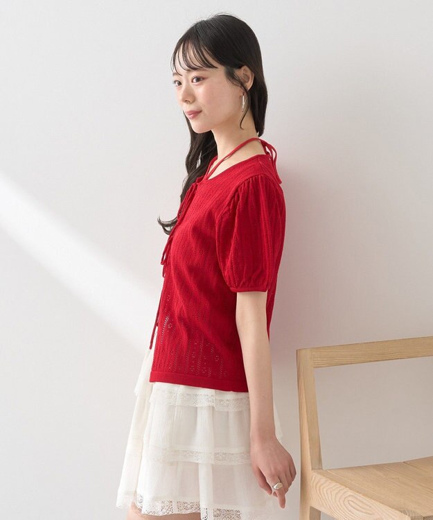 earth music&ecology 透かし編みフロントリボンカーディガン Red