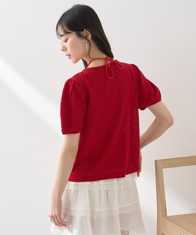 earth music&ecology 透かし編みフロントリボンカーディガン Red