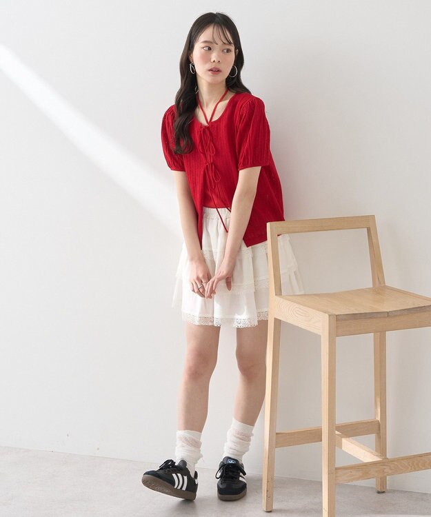 earth music&ecology 透かし編みフロントリボンカーディガン Red