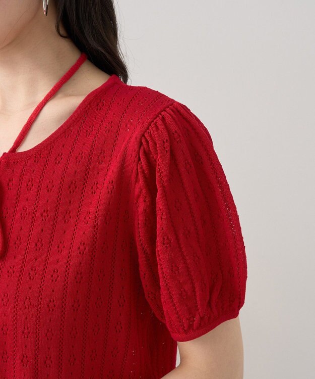 earth music&ecology 透かし編みフロントリボンカーディガン Red