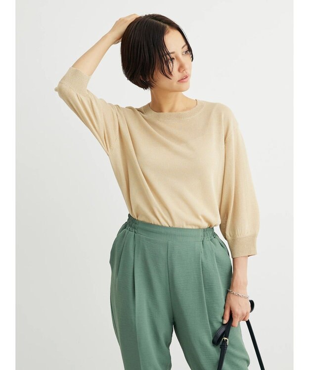 Green Parks ・ＥＬＥＮＣＡＲＥ　ＤＵＥバックパールシアー５分ニット Light Beige